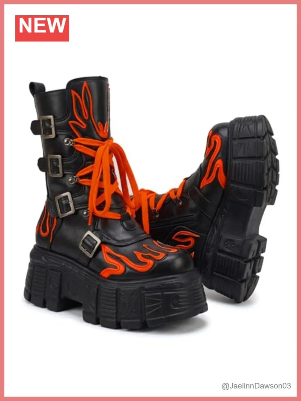 Women's Punk Rock Platform Mid Calf Lace-Up Booties Gothic Flame Non-Slip